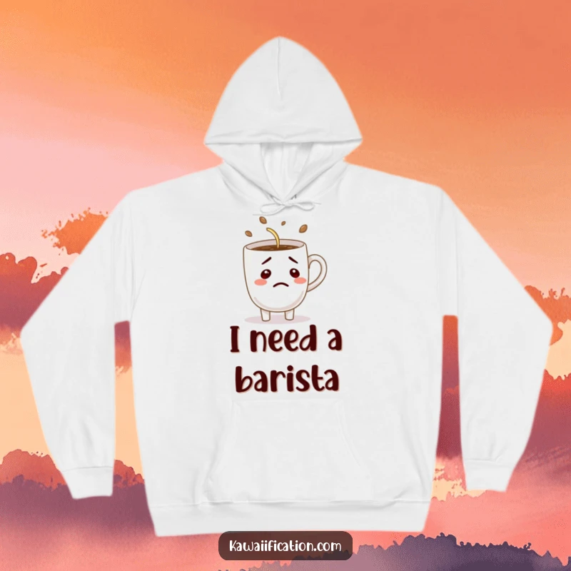 Funny hoodie showcasing a bewildered coffee cup character comically attempting to pour itself, perfect for cozy and humorous wear.