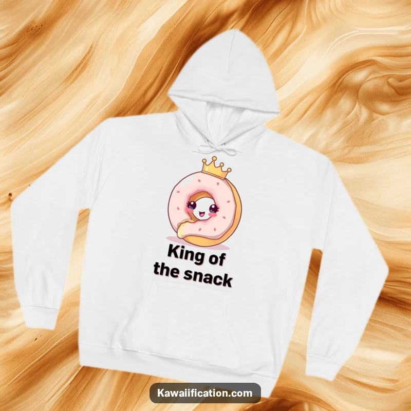Funny Hoodie illustration of a crowned donut making a dramatic escape from a looming bite, exuding humor and a regal flair.