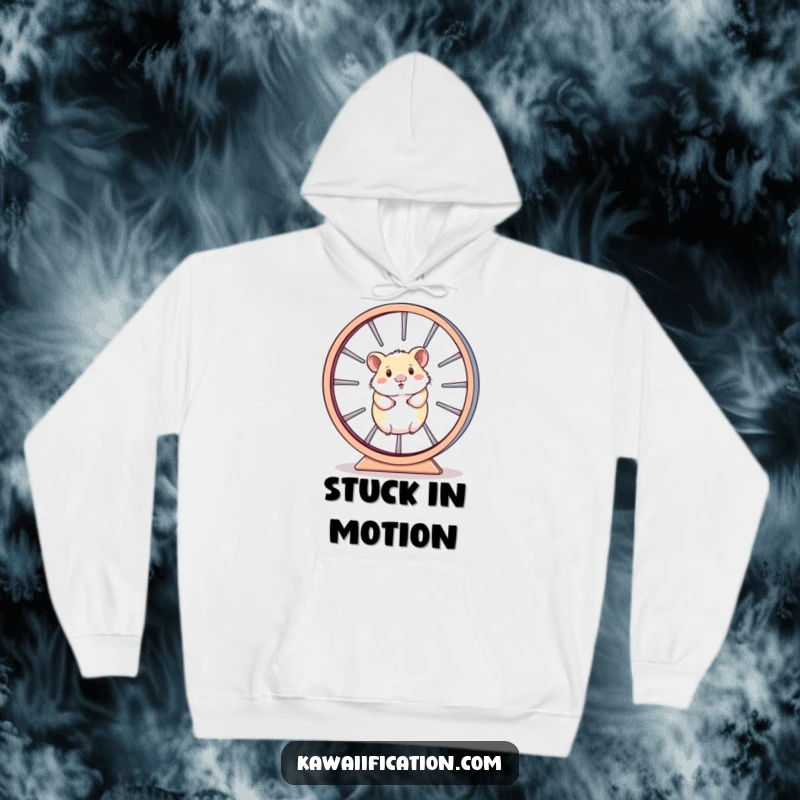 Funny Hoodie illustration of a hamster desperately trying to keep pace with its massive, spinning wheel, capturing the essence of being stuck.