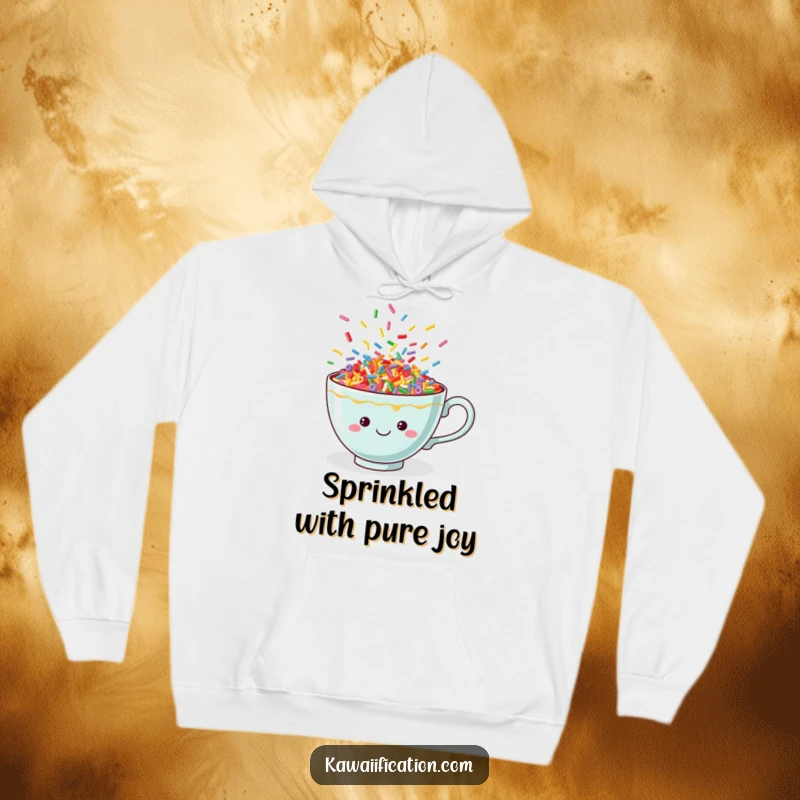 Funny sprinkle teacup hoodie, cozy and warm, adorned with colorful dancing sprinkles, depicting a cheerful and playful vibe.