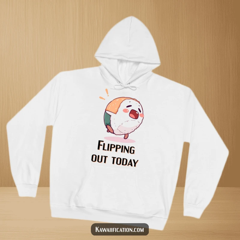 Funny hoodie showcasing a startled sushi piece character doing a comical backflip, perfect for cozy and humorous wear.