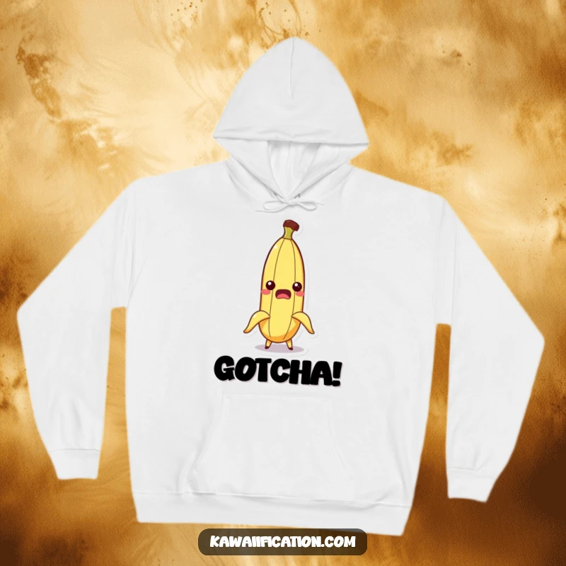 Funny hoodie showcasing a startled banana character comically slipping out of its peel, a humorous and cozy design.