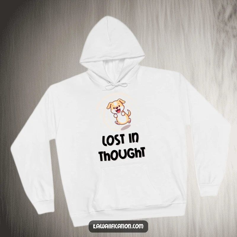 Funny dog hoodie, bewildered dog chasing its tail in a dizzying spiral, soft and humorous apparel for dog lovers.