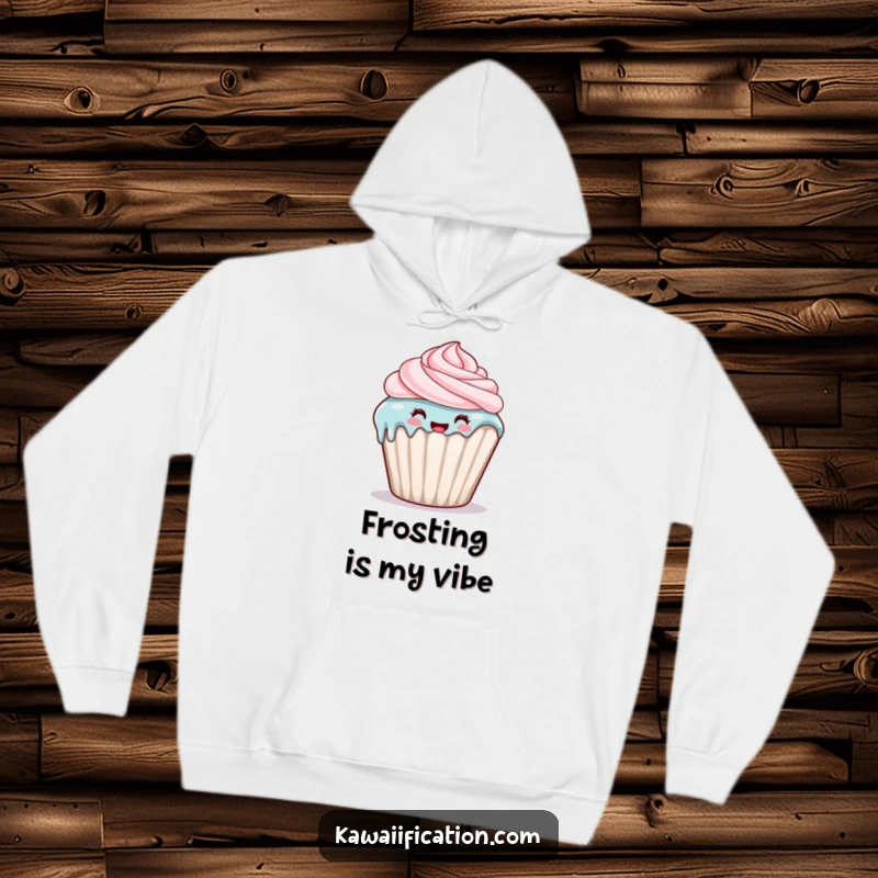 Funny hoodie showcasing a happy cupcake character with frosting dripping down its side, perfect for cozy, sweet days.