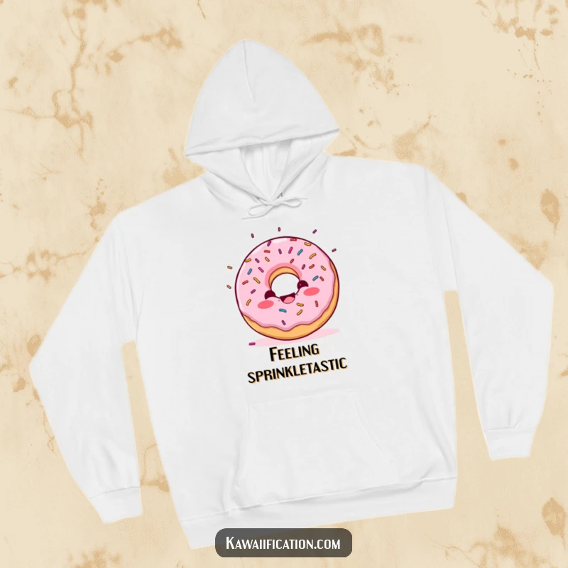 Funny Donut Confetti Hoodie illustration of a delighted donut character with sprinkles falling like confetti, a warm and festive item.
