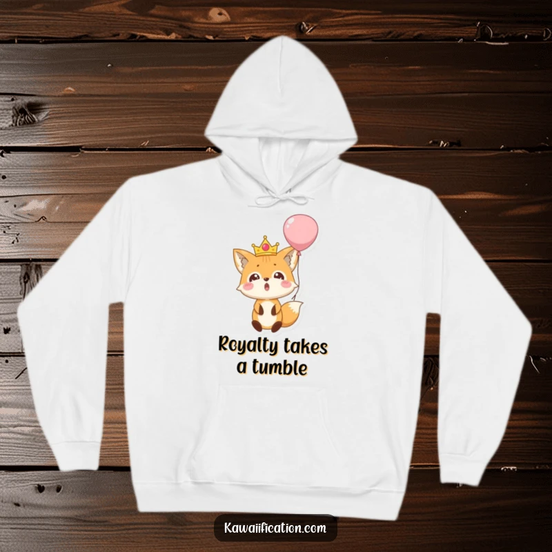 Funny hoodie depicting a surprised fox character wearing a tiny crown, falling out of a balloon, offering warmth and a touch of royal mishap.