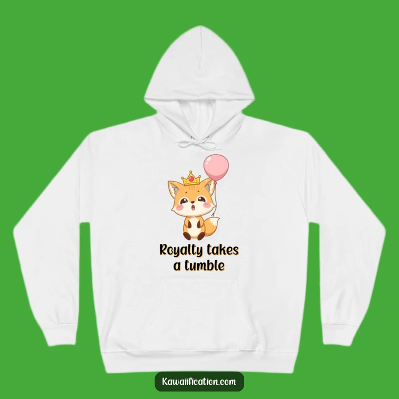 Funny Fox Balloon Fall Hoodie: Cozy Surprised Crowned Character, Warm Humorous Gift