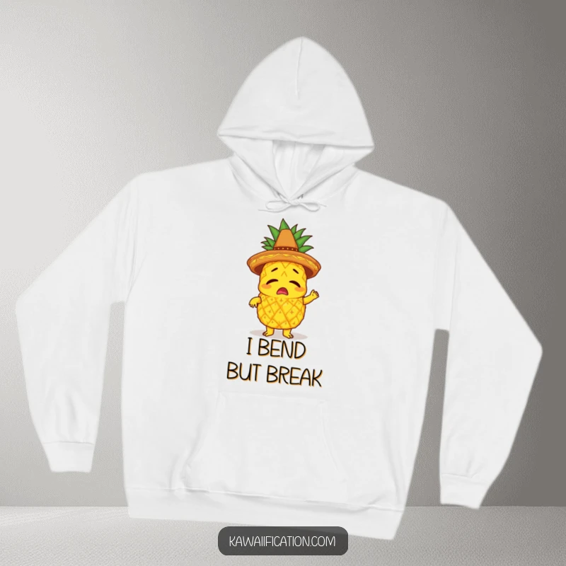 Funny hoodie featuring a bewildered pineapple in a sombrero, comically attempting to limbo, perfect for cozy tropical fun.