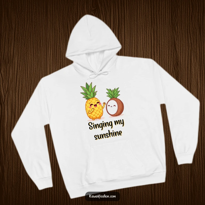 Funny hoodie featuring a cheerful pineapple singing opera to a shy coconut, a humorous depiction of a tropical performance.