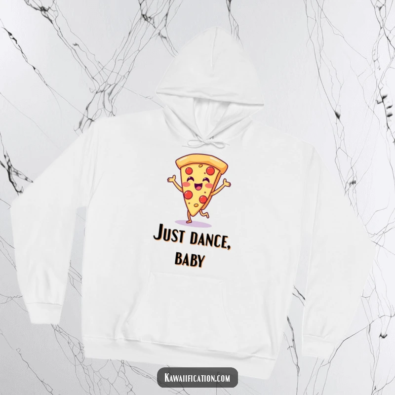 Funny hoodie showcasing a jovial pizza slice character in a happy dance, perfect for cozying up with a smile.