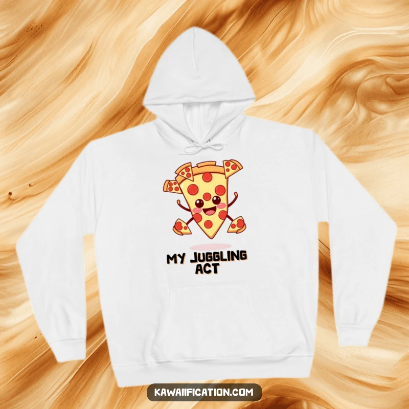 Funny pizza hoodie, smiling slice juggling multiple pepperoni slices, soft and humorous apparel for food lovers.