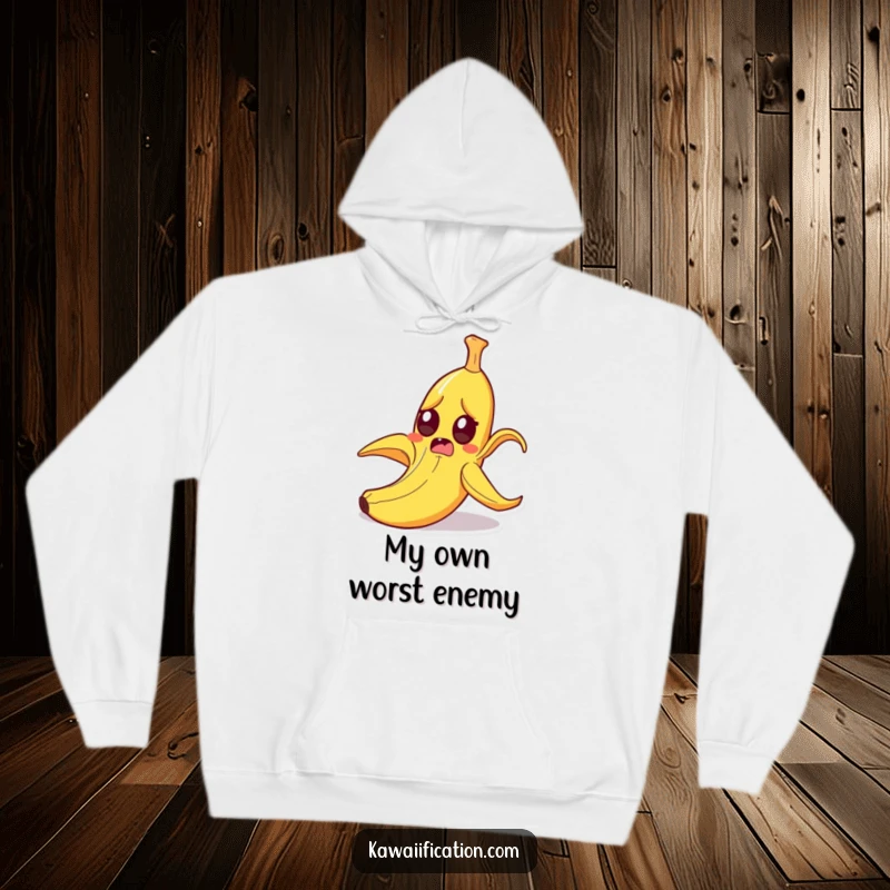 Funny startled banana peel slipping on itself with wide eyes, cozy cartoon apparel for a humorous, unexpected fall, best funny gift.
