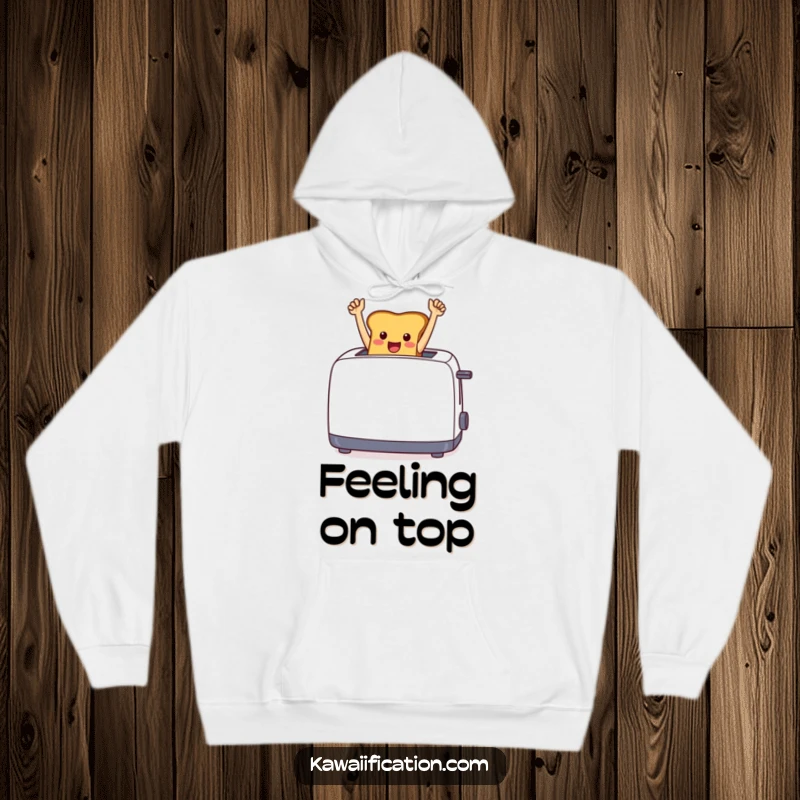 Funny cheerful toast jumping out of a toaster with arms raised in victory, printed on a soft hoodie.