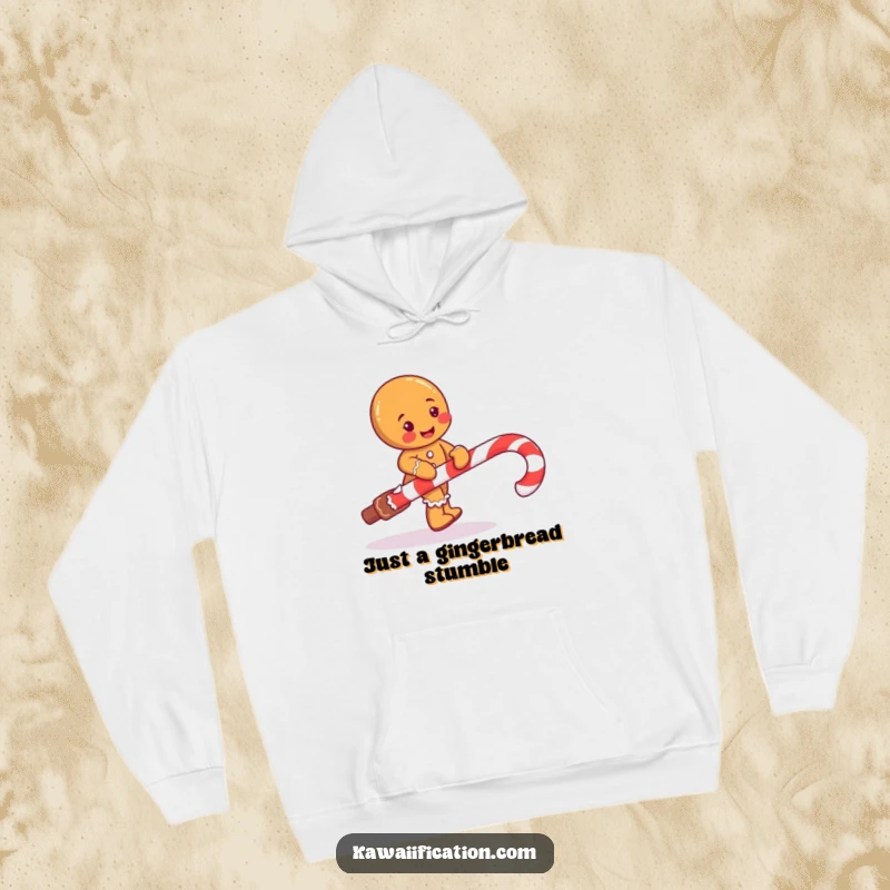 Funny hoodie featuring a mischievous gingerbread man character comically falling over a giant candy cane.