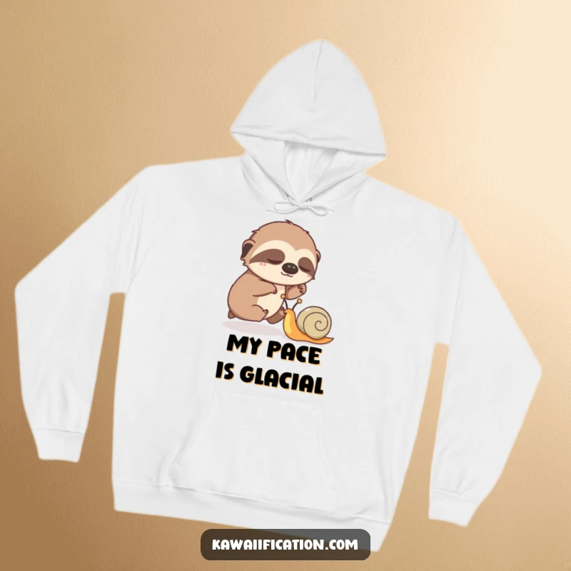 Funny sloth hoodie showing a sleepy sloth humorously competing against a fast snail, blending warmth with comedic art.