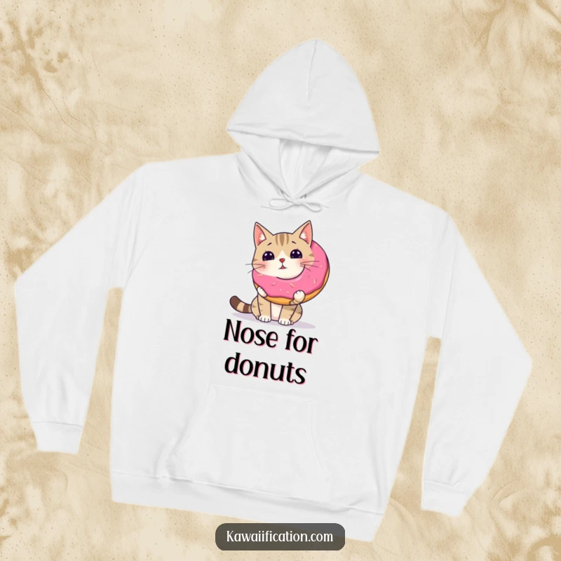 Funny wobbly cat balancing a giant donut on its nose, featured on a soft and warm hoodie.
