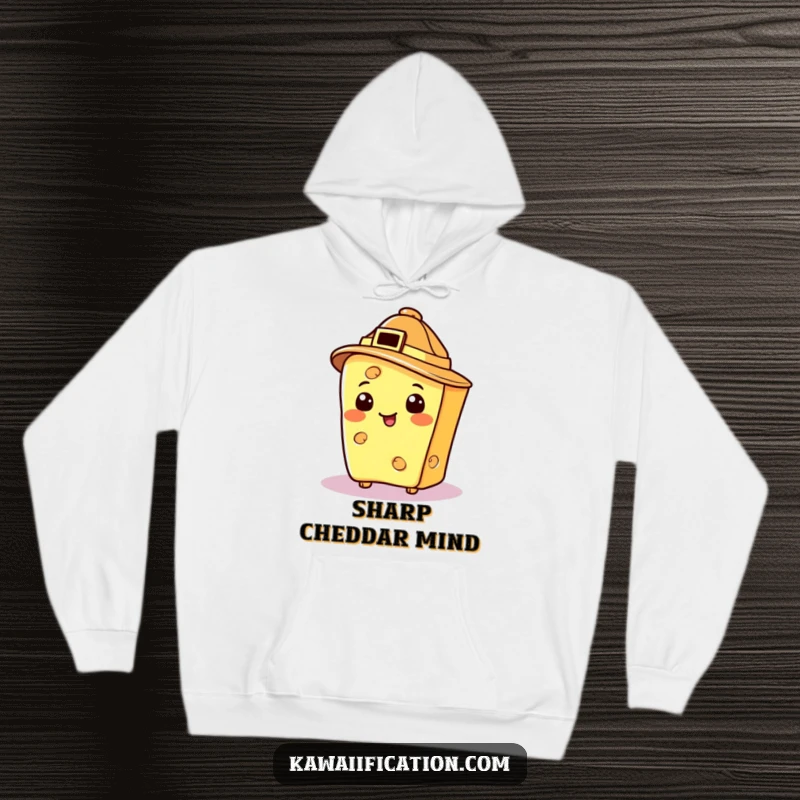 Funny cheese slice in a detective hat, peeking out from a cozy hoodie, humorous and warm.