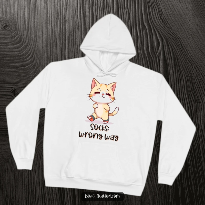 Funny hoodie with a confused cat wearing mismatched socks, comically attempting to walk backward, perfect for cozy, humorous wear.