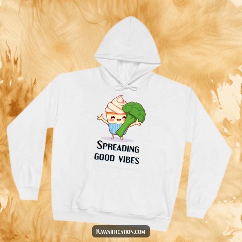 Funny happy cupcake with frosting arms hugging grumpy broccoli, soft hoodie featuring sweet and grumpy cartoon characters, best funny gift.