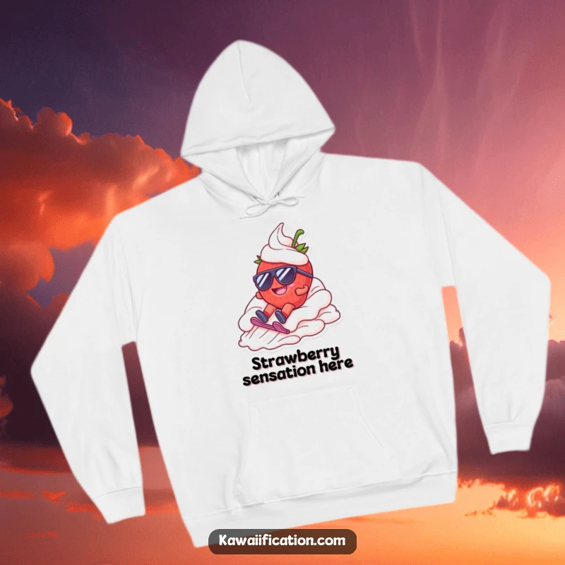 Funny hoodie featuring a happy strawberry in sunglasses, dramatically sliding down a whipped cream mountain, perfect for cozy summer lounging.