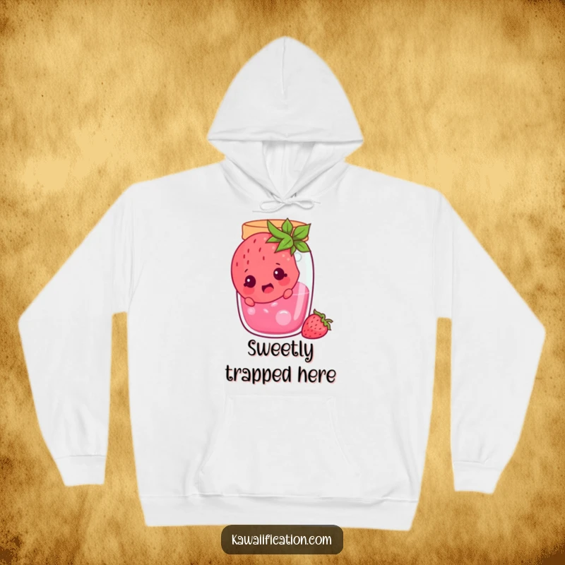 Funny cheerful strawberry stuck in a jam jar, looking surprised, soft hoodie featuring a comical fruit character, best funny gift.