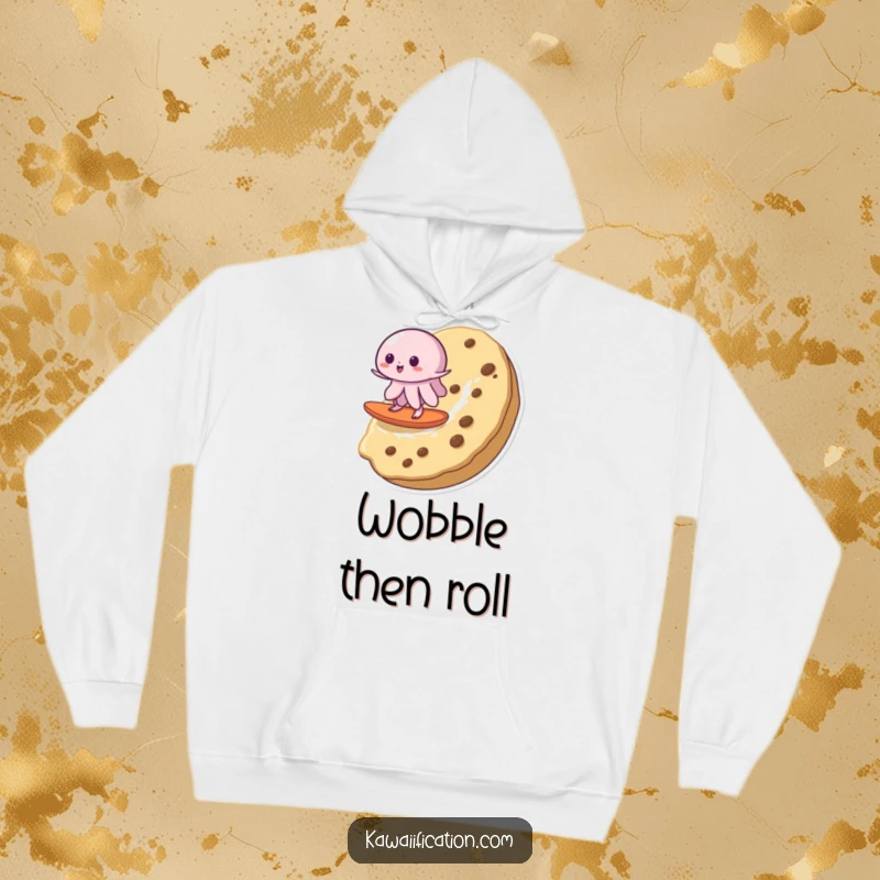 Funny hoodie depicting a determined wobbly jelly surfing a massive cookie, offering warm comfort and humorous charm.