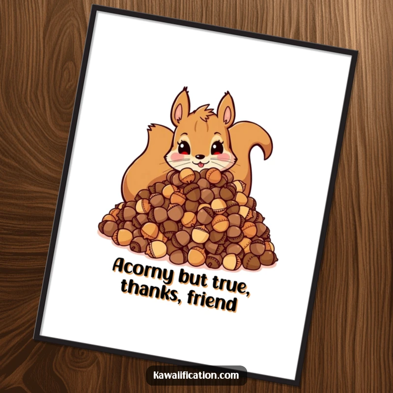Funny Free Printable Squirrel Wall Art of a mischievous squirrel zealously hoarding an enormous pile of acorns.