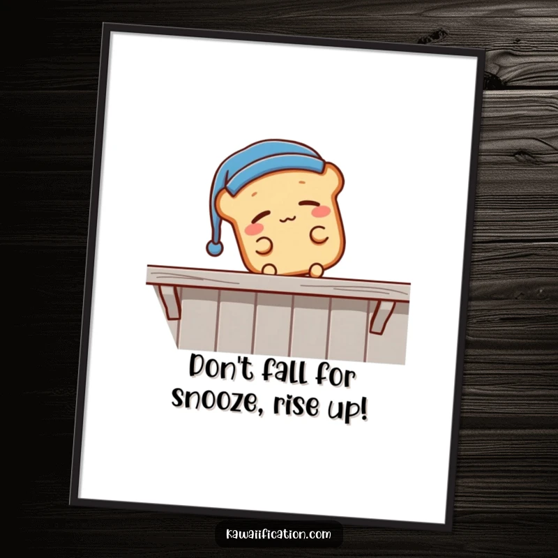 Funny Free Printable Wall Art: A sleepy bread loaf wearing a nightcap, falling off a shelf, a humorous and downloadable piece.