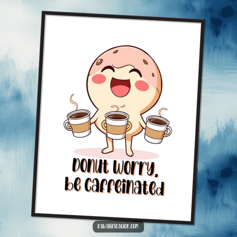 Funny Free Printable Wall Art: A cheerful donut character expertly juggles tiny coffee cups, bringing fun to the wall.