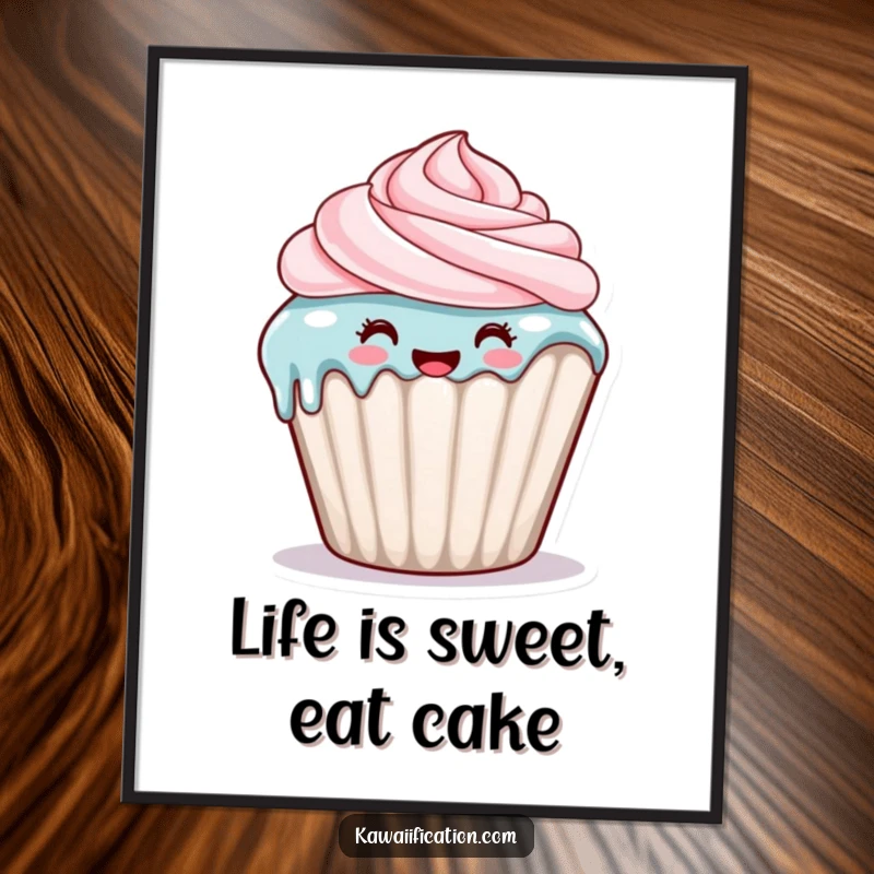 Funny Free Printable Wall Art: A happy cupcake character with frosting dripping down its side, adding a sweet, humorous touch.
