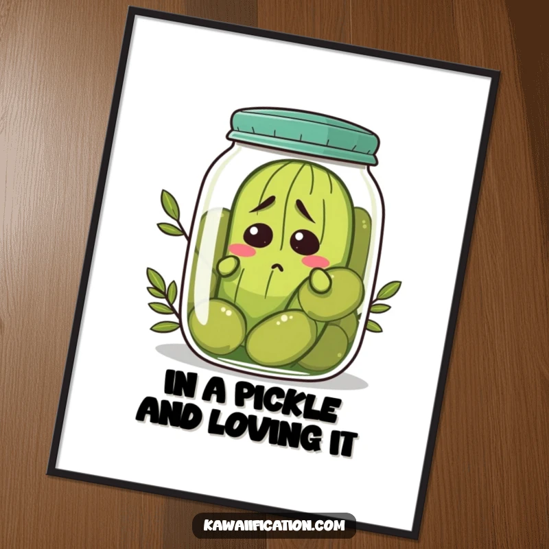 Funny Free Printable Wall Art: Nervous pickle hiding in an olive jar, adding humorous and quirky decor.