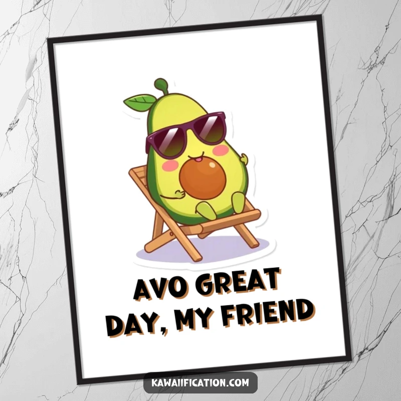Funny Free Printable wall art of a smiling avocado character wearing sunglasses, lounging on a tiny beach chair.