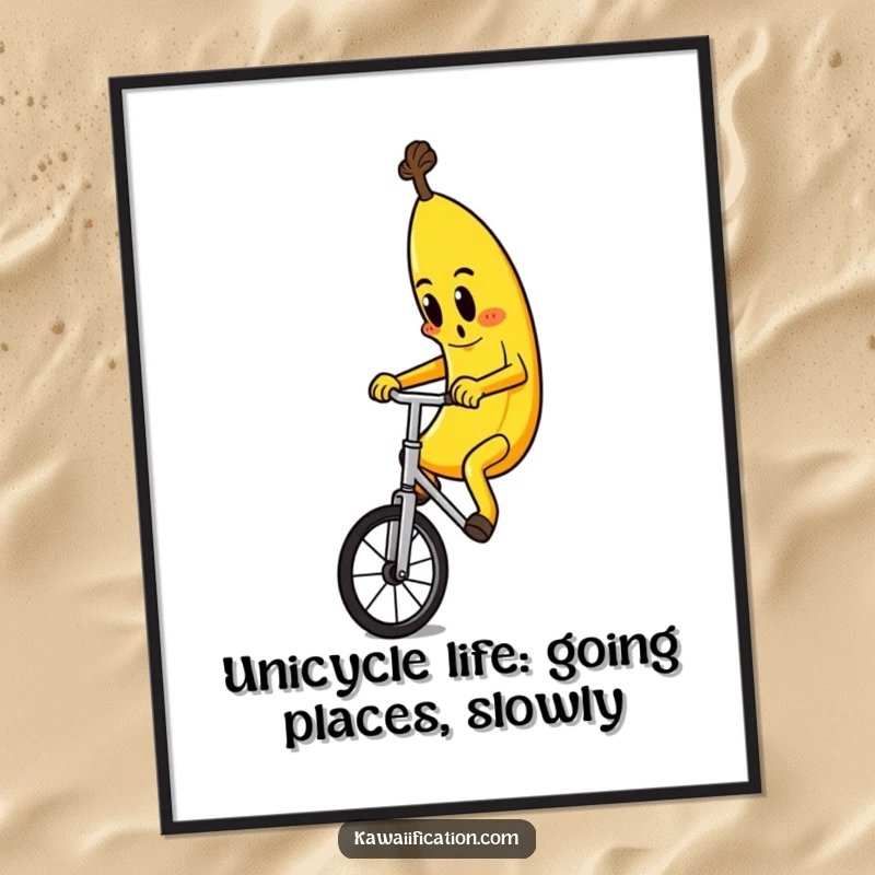 Funny Free Printable Wall Art: Whimsical banana character bravely rides a unicycle, adding a humorous touch to any room.
