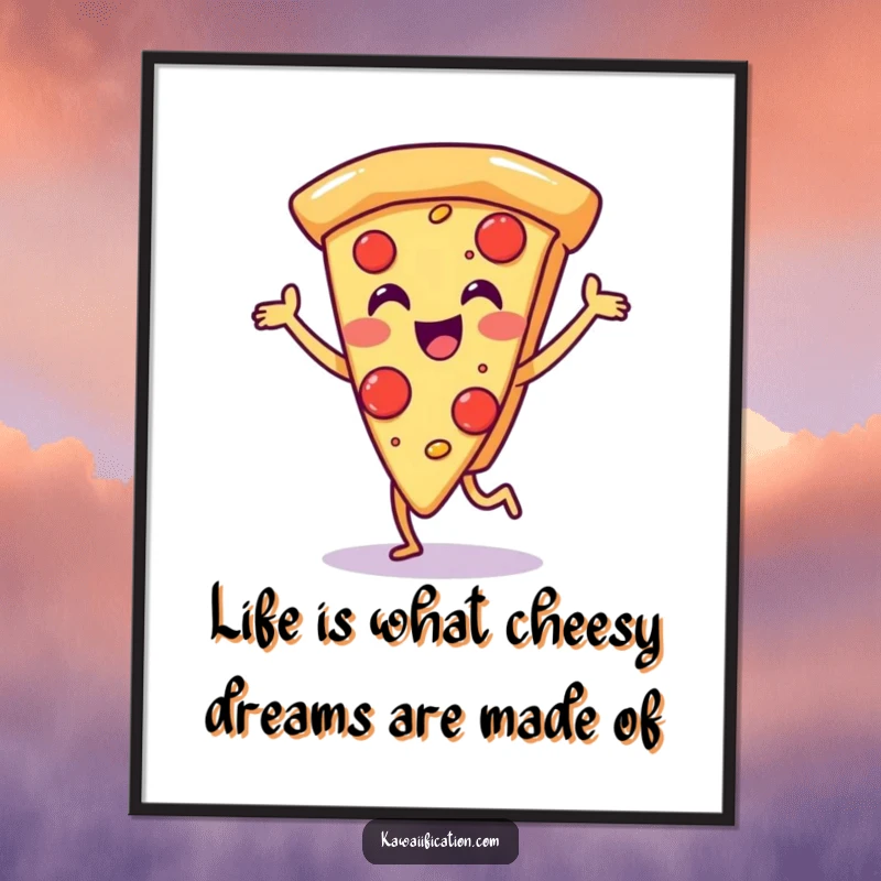 Funny Free Printable Wall Art: A joyful pizza slice character performing a lively, happy dance on a blank background.