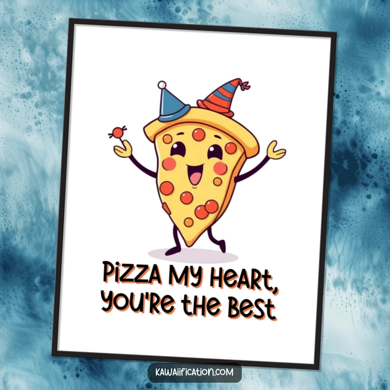 Funny Free Printable Wall Art: A pizza character expertly juggles slices, each topped with a comical tiny hat.