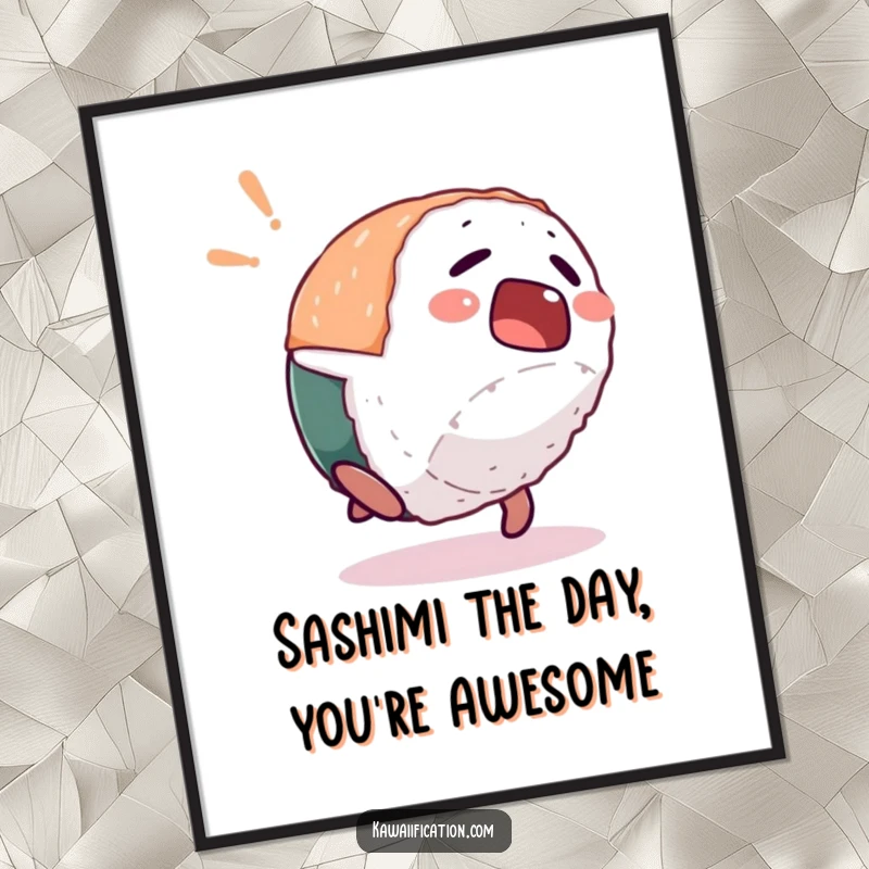 Funny Free Printable Wall Art: A startled sushi character is captured mid-backflip in a comical and dynamic pose.