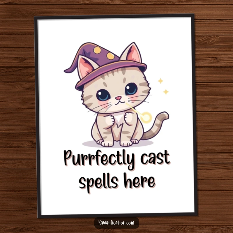 Funny Free Printable Wall Art: Cat wearing a wizard hat conjuring a laser pointer dot, adding magical decor.