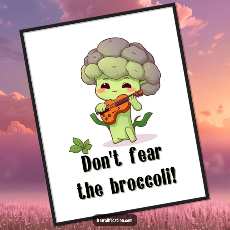 Funny Free Printable Wall Art: Shy Broccoli Floret Tenderly Plays a Tiny Violin with Sweet Demureness