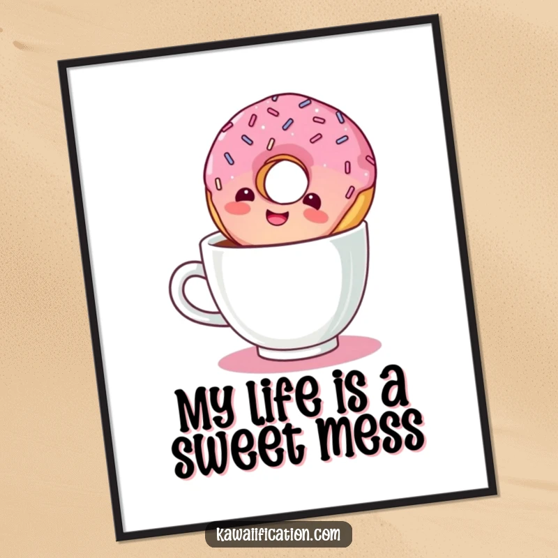 Funny Free Printable Wall Art: A giggling donut with sprinkles takes a silly dive into a coffee cup.