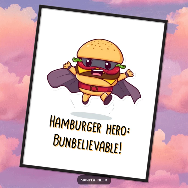 Funny Free Printable Wall Art: A determined hamburger character makes a powerful superhero landing, adding epic fun.