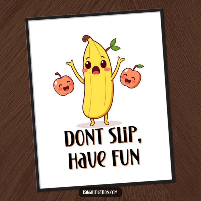 Funny Free Printable Wall Art: A surprised banana peel juggling laughing apples, a humorous and whimsical piece of fruit-themed decor.