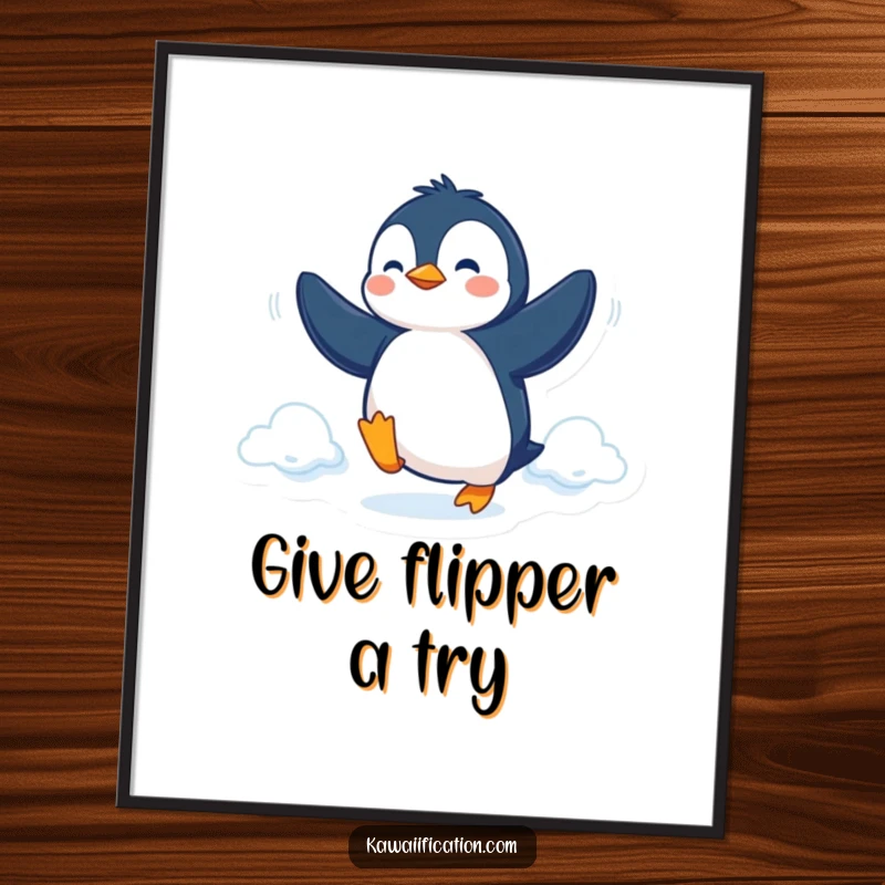 Funny Free Printable Wall Art of a determined penguin comically attempting to achieve flight by vigorously flapping its flippers.