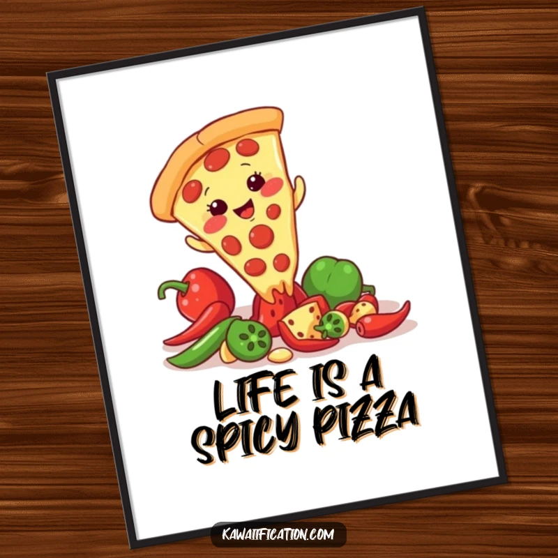Funny Free Printable Wall Art: Giggling pizza slice character comically slipping on a scattered black pepper.