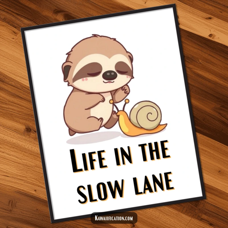 Funny Free Printable Wall Art: A sleepy sloth and a speedy snail in a comical race, a humorous downloadable poster.