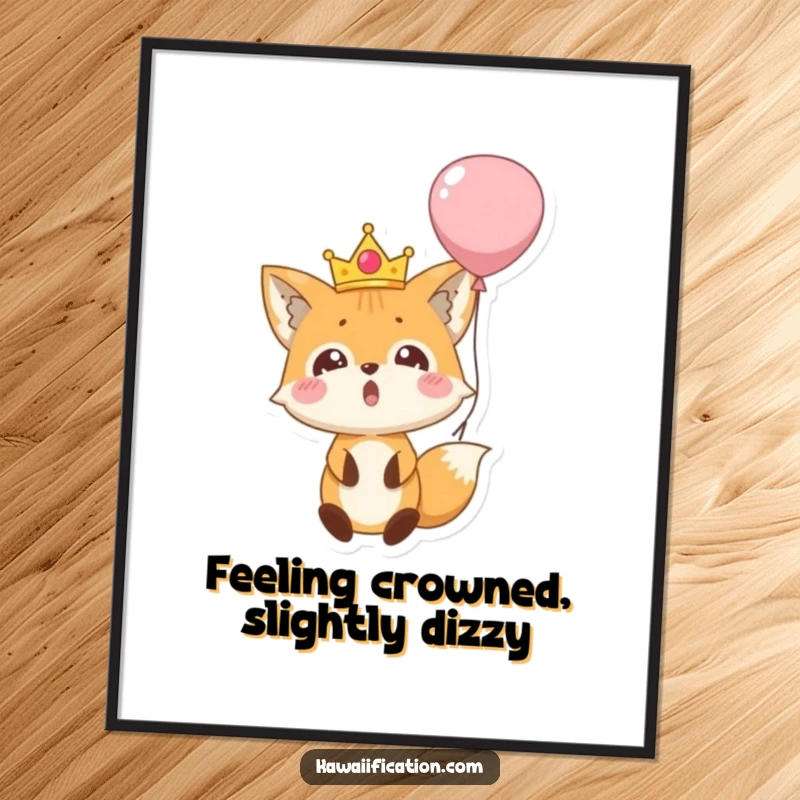 Funny Free Printable Wall Art: Surprised fox wearing a tiny crown, comically falling out of a large, colorful balloon.