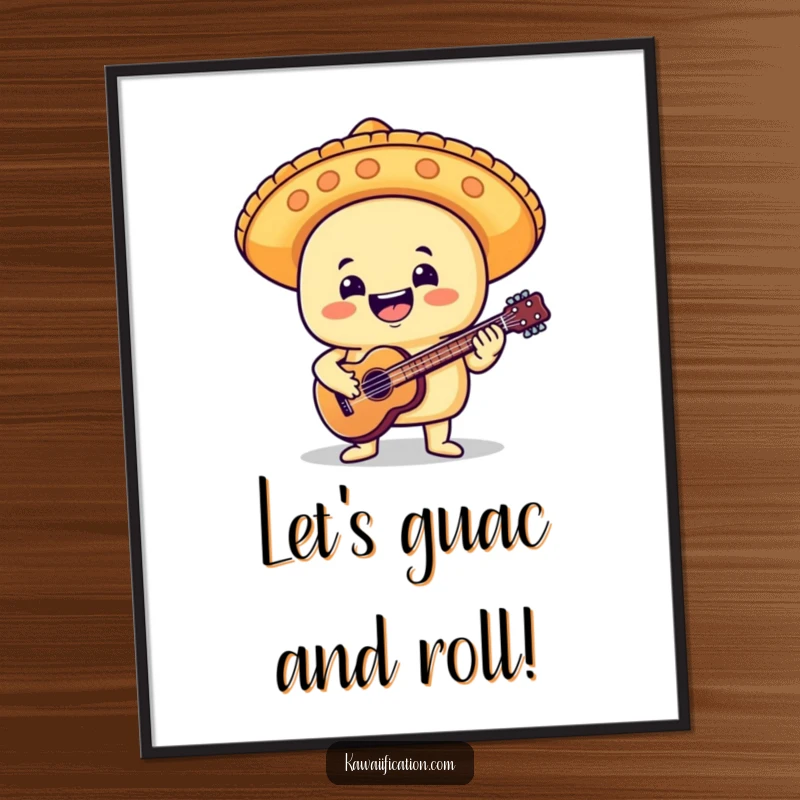 Funny Free Printable wall art of a delighted taco in a mariachi hat playing a tiny guitar.