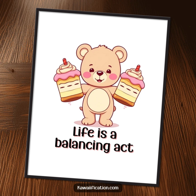 Funny Free Printable Wall Art: Happy teddy bear character comically juggling three enormous, unsteady cakes with a determined look.