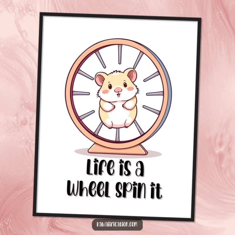 Funny Free Printable Wall Art illustrating a hamster comically trapped within its own enormous, furiously spinning wheel.