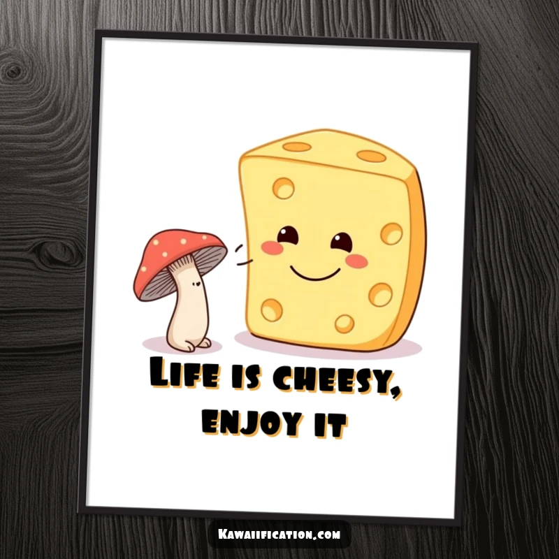 Funny Free Printable Wall Art: A shy mushroom attempting a wink at a giant, smiling cheese wheel, a delightful and humorous piece.