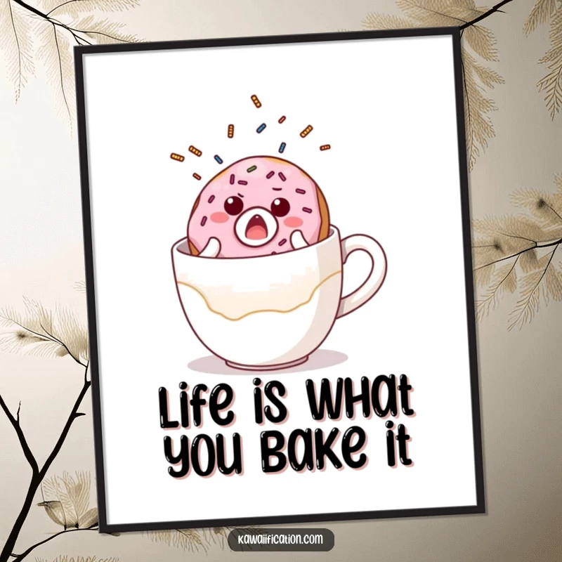 Free Printable wall art of a surprised donut character with sprinkles falling off a coffee cup.